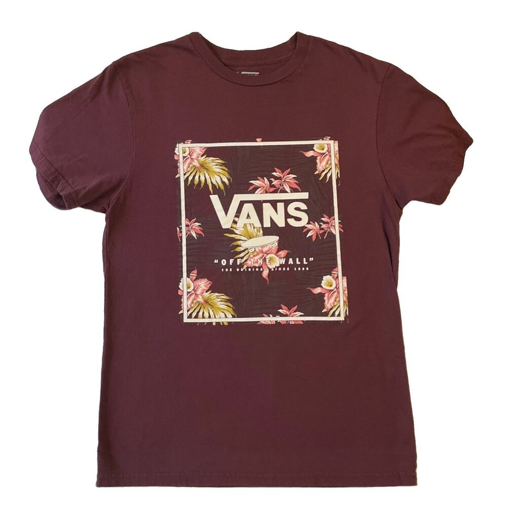 Vans Men Shirt SMALL Burgundy Floral Graphic Tee Logo Short Sleeve Slimming